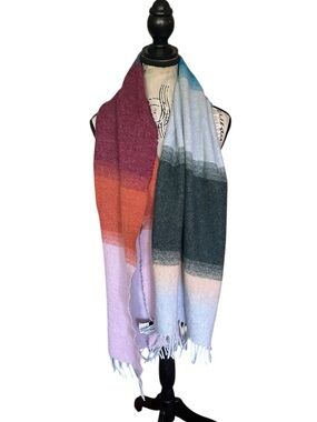 J Crew Wool Blend Scarf Made In Italy Colorblock Fringe Cozy 18x63 Preppy Wrap